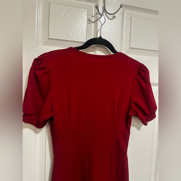 Long Red Dress With Sewn On Pearls and Puffed Sleeves - Picture 10 of 13